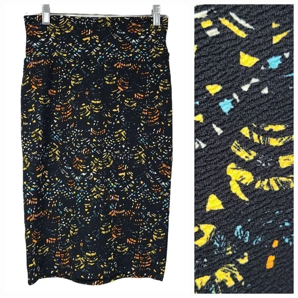 LuLaRoe Cassie XS Black Abstract Print Stretch Pencil Skirt Multicolor Art Chic